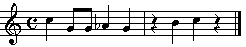 Two measures of a musical notation in 4 / 4 time. The notes are C4, G3, G3, G#3, G3,rest, B3, C4 the respective durations are: quarter note, eighth note, eighth note, quarter note, quarter note, quarter rest, quarter note, quarter note